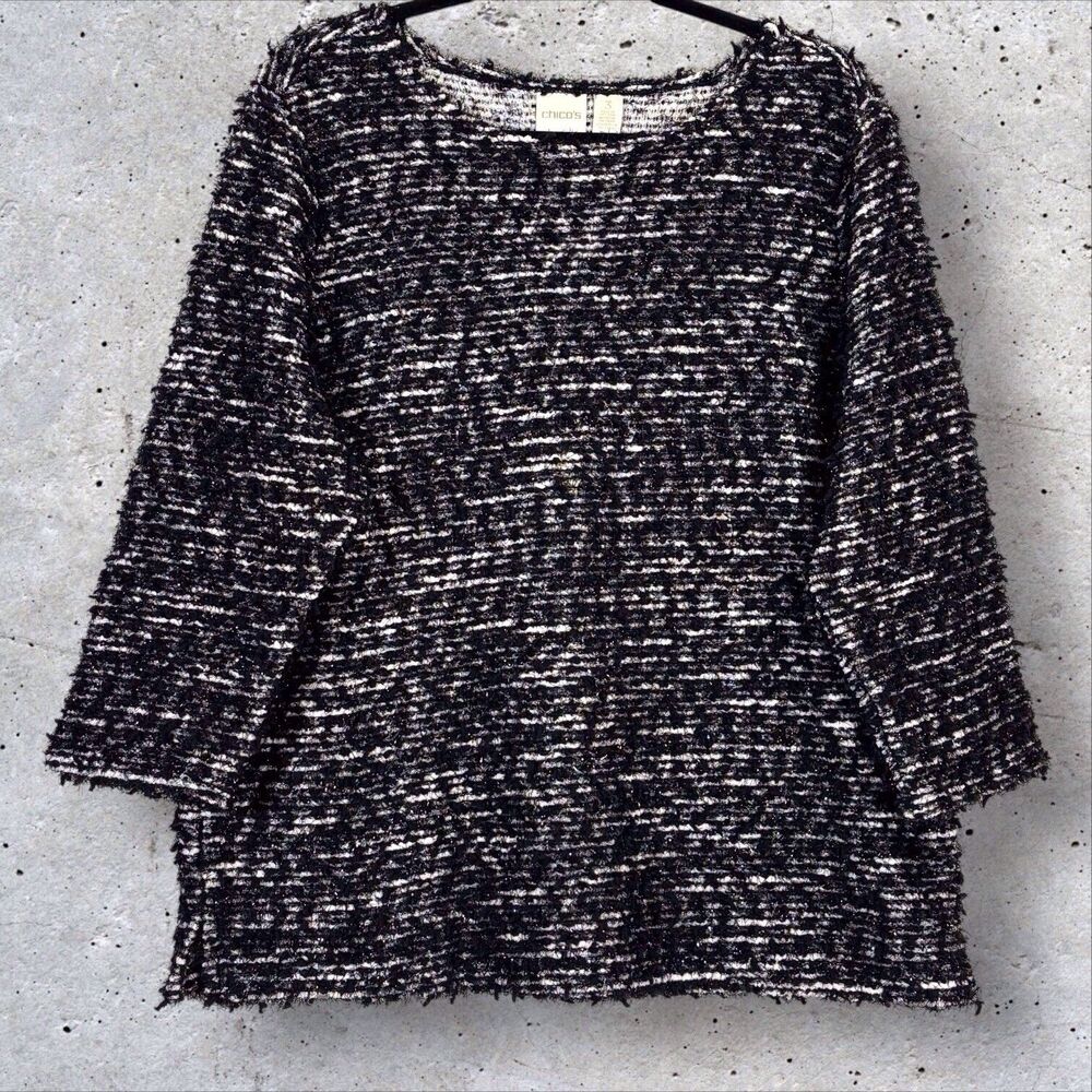 Chicos Size 3 Boucle Knit Top Womens XL Black White Fuzzy Eyelash Sparkle